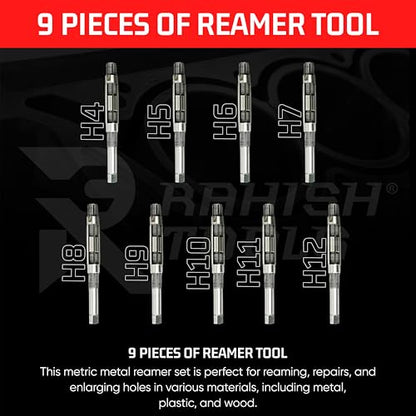 Adjustable Hand Reamer H4-H12 for Metal/Wood Repair, 15/32" to 1-3/16" | Expandable Carbon Steel Blades, Straight Flutes, 11.90-30.16mm Capacity, Bore Sizing, Precise Hole Finishing & Reaming Tool - size: H4 to H12 - 9Pcs