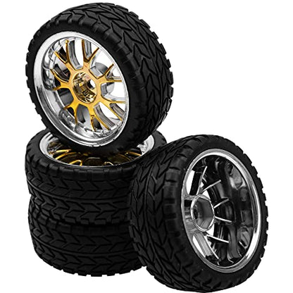 4Pack HIRCQOO 12mm Hex Plastic Wheel Rims & 2.59" Rubber Tires Set w/Foam Compatible with Traxxas Kyosho HPI Tamiya TT-01 TT-02 Sakura HSP 1/10 RC On-Road Touring Car (Yellow) - color: Yellow