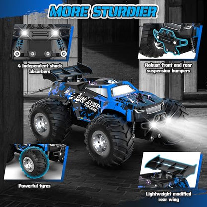 All-Terrain Remote Control Car for Boys 8-12 Headlight Christmas | Monster Remote Control Truck Rechargeable, 2 Motors 10KM/H 2.4GHZ Speed-friendly, Sturdy RC Cars for Christmas Beginner Kids - color: Blue