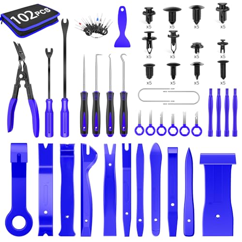 GOOACC 102Pcs Auto Trim Removal Tool and Push Pin Retainer Clip Set Blue | Fastener Terminal Remover Tool Adhesive Cable Clips Panel Remover Kit Car Panel Radio Removal Auto Clip Pliers - color: 60Pcs Clips + 42 Remover, size: Clips+Remover