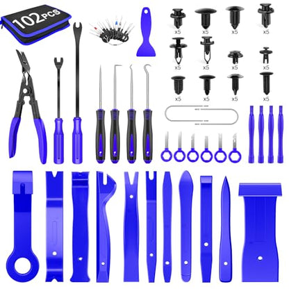 GOOACC 102Pcs Auto Trim Removal Tool and Push Pin Retainer Clip Set Blue | Fastener Terminal Remover Tool Adhesive Cable Clips Panel Remover Kit Car Panel Radio Removal Auto Clip Pliers - color: 60Pcs Clips + 42 Remover, size: Clips+Remover