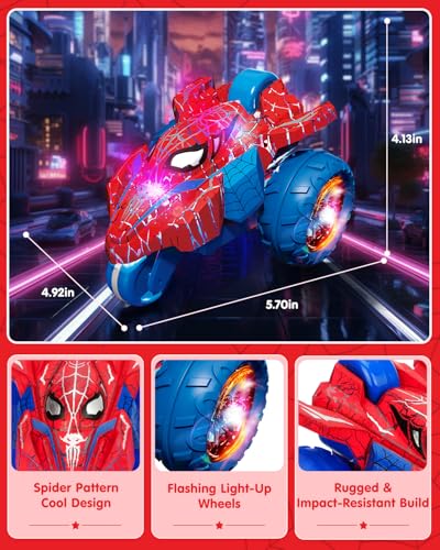 Spider RC Stunt Tricycle for Boys, 3-Wheel Remote Control Motorcycle Car with 360° Rotation & Double-Sided Driving, 2.4GHz Rechargeable LED Stunt RC Car Toy Gift for Kids Ages 3-9 - color: Spider