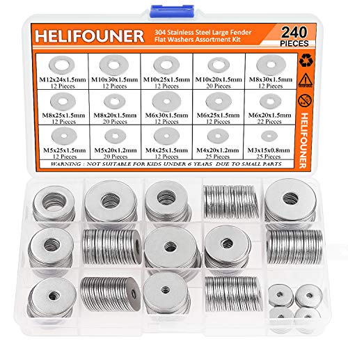 HELIFOUNER 240 Pieces 15 Sizes 304 Stainless Steel Large Fender Washer Assortment Kit (M3 M4 M5 M6 M8 M10 M12) - size: M3-M12