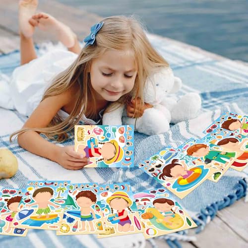 24PCS Summer Stickers for Kids, Make-a-face Stickers, Make Your Own Sticker | Ideal Summer Crafts for Girls Boys, Preschool Holiday Party, Goodie Bags Stuffers - style: 24 Sheet Summer Stickers
