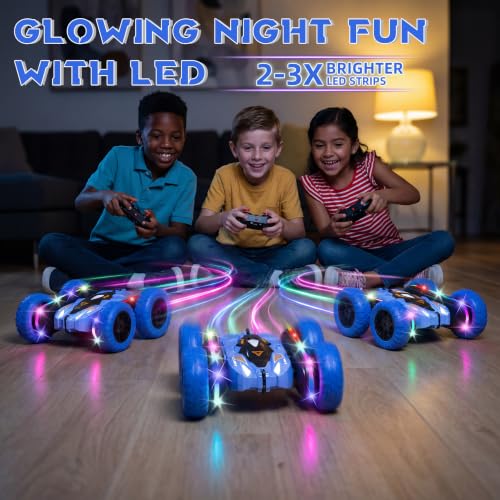 Wedopro RC Car for Boy Ages 6-12: 2 Batteries 360° Stunt Rotating 4WD Remote Control Toy with Headlights, Indoor Outdoor Birthday Gifts for Kids 6 7 8 9 10 11 12, Blue