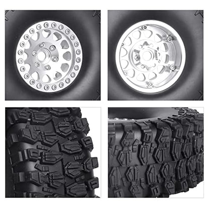 HobbyPark 1.9 Beadlock Wheels and Tires 120mm / 4.72inch Height with Mounting Tool for Traxxas TRX4 Axial SCX10 II III Redcat Gen8 Gen7 12mm Hex 1/10 Crawler Upgrades, 4-Set (Silver)