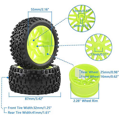 RC Tires Wheels Set, Green, 1/10 Scale, 12mm Hex | Compatible with Traxxas Rustler Stampede Slash Bandit, Front & Rear, Off-Road Tires for RC Car - color: Green