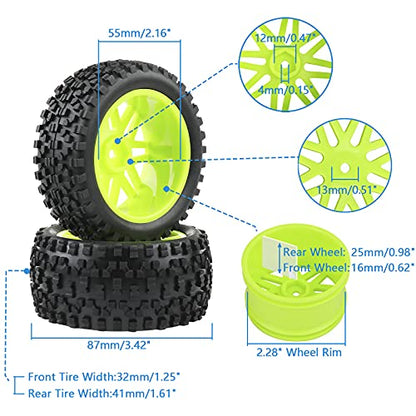 RC Tires Wheels Set, Green, 1/10 Scale, 12mm Hex | Compatible with Traxxas Rustler Stampede Slash Bandit, Front & Rear, Off-Road Tires for RC Car - color: Green