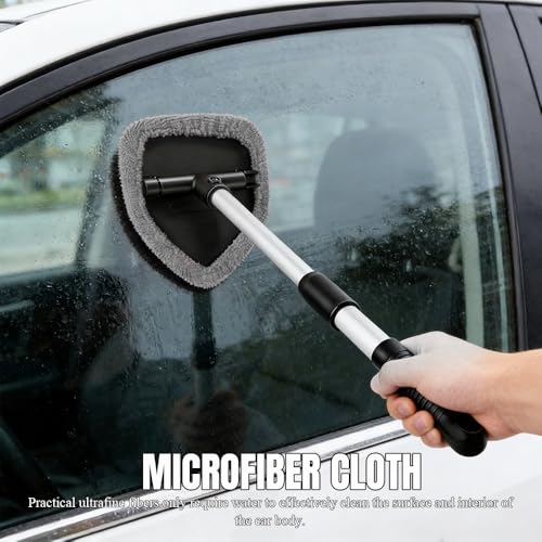 Windshield Cleaner Tool, Windshield Cleaning Tool, Car Window Detailing Cleaning Kit with Extendable Handle and Reusable Microfiber Pads, Auto Glass Wiper Brush for Car Office Home (Grey) - color: Grey