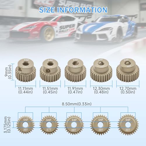 64P Pinion Gear Sets 26T 27T 28T 29T 30T for Shaft 3.175mm RC Motor Compatible with HPI Kyosho Losi Axial Tamiya 1/10 RC Car Monster Truck Upgrade Parts - size: 26T 27T 28T 29T 30T