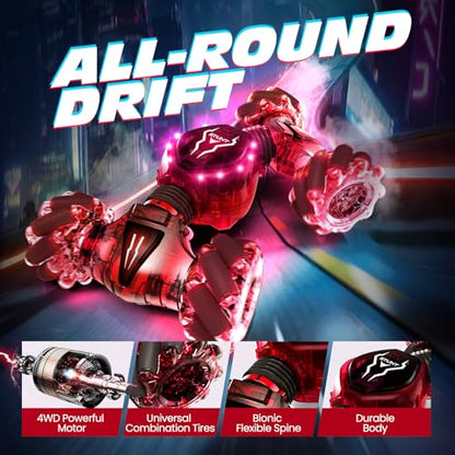 Tecnock Remote Control Car for Boys Girls, 2.4GHz 4WD Gesture Sensing RC Stunt Car Toys - 360° Rotating Double Sided Hand Controlled RC Cars with LED Lights, Gifts for Kids Ages 6-8, 8-12 - color: Deep Red
