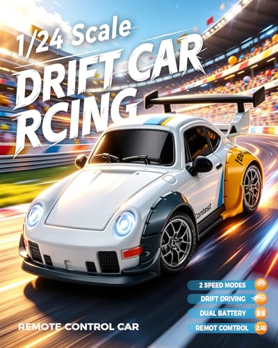 RC Drift Car, 1/24 Remote Control Drift Car for Adults Kids, 4WD 20KM/H High Speed White RC Sports Cars with LED Lights, Extra Racing Tires, Vehicle for Boys Beginners Indoor Outdoor