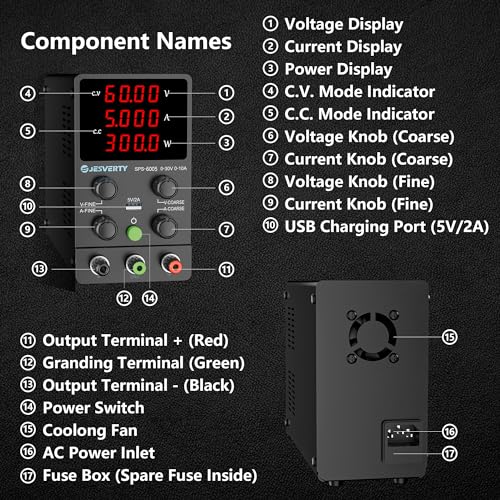DC Power Supply Variable, 0-60V 0-5A Adjustable Switching DC Regulated Bench Power Supply with High Precision 4-Digit LED Display, 5V/2A USB Port, Coarse and Fine Adjustment SPS-6005 - color: SPS(Red LED), size: 60V 5A