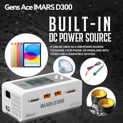 IMARS D300 Gens Ace Lipo Battery Charger G-Tech Smart Dual Lipo Balance Charger AC 300W DC 700W(350W*2) 16A Dual Channel Charger for 1s~6s Lipo Batteries, Life/NiCd/MH/LiHV, Plug&Play (White)