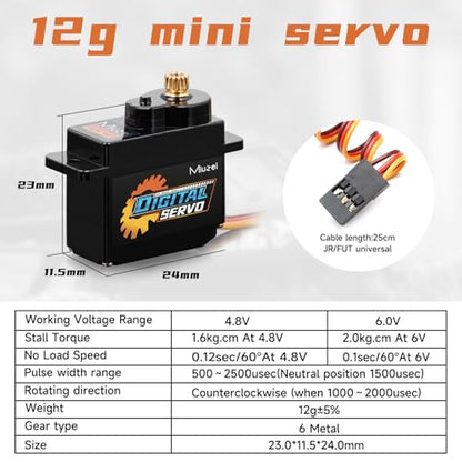 12g Micro Servo Rc Steering Metal Gear Digital for Axial Scx24, 2Pcs | Mini Small Servo Motor, Upgrade Parts With Horn Arm, for 1/24 Rc Crawler Plane Airplane Robot. Powerful, Smooth, Quiet, Fast