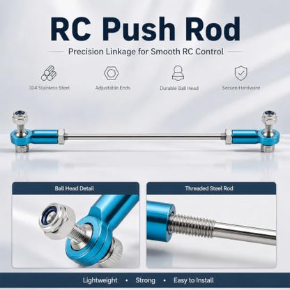 2 Pcs RC Toy Push Rod, M3x50mm Tie Rods Blue Ball Head Joint | 76mm Length, 304 Servo Linkage Link Rods, Double Aluminum Alloy Ball Head, for RC Cars, Planes, Helicopters, DIY Models - color: M3×50mm Rod