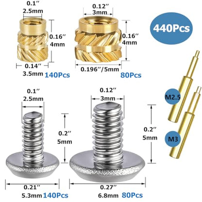 440Pcs Threaded Inserts Bolt Set M2.5 M3 Heat Set Insert Brass Nut with Bolt for 3D Printed Plastic Parts - size: (440pcs) M2.5, M3