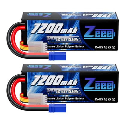 Zeee 4S Lipo Battery 7200mAh 14.8V 80C with EC5 Connector (2 Pack) | Hard Case RC Battery for RC Car Truck Tank Buggy Truggy RC Racing Models
