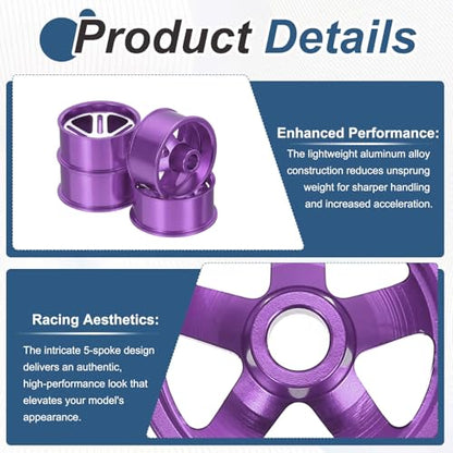 MECCANIXITY 4Pcs RC Car Wheel Rims, 20.5mm Dia 5-Spoke Purple Aluminum Alloy Wheel Rims Hex Hub for HSP RC Drift Racing Touring Car - color: Purple, size: 20.5mm Dia