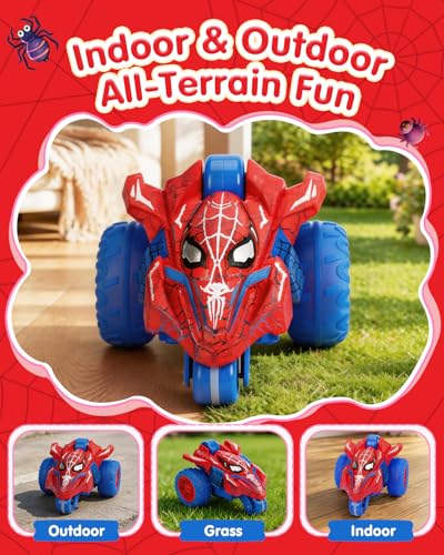 Spider RC Stunt Tricycle for Boys, 3-Wheel Remote Control Motorcycle Car with 360° Rotation & Double-Sided Driving, 2.4GHz Rechargeable LED Stunt RC Car Toy Gift for Kids Ages 3-9 - color: Spider