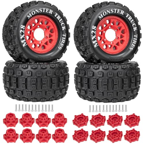 MX28 2.8" Tires and Wheels with 12mm/14mm Hex Upgrade Parts for 1/10 ARRMA Big Rock, Granite, VORTEKS 3S and Stampede, Rustler, Hoss RC Trucks 4pcs/Set(Red)
