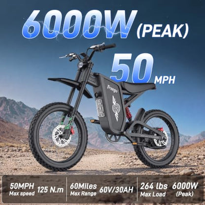 Freego X2Pro Electric Motorcycle for Adults Teens,Electric Dirt Bike Teens 6000W(Peak) Motor 1800Wh Battery,Max 50Mph Off Road Electric Bicycle,Full Suspension UL 2849 Certified - color: Dark Grey