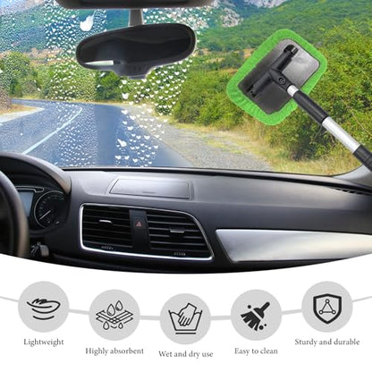 Car Windshield Cleaner Tool, Detachable Car Window Cleaner with Aluminum Extendable Handle & 2 Reusable Cloth Pads, Washable Vehicle Windshield Cleaning Wand for Exterior (Green) - color: Green