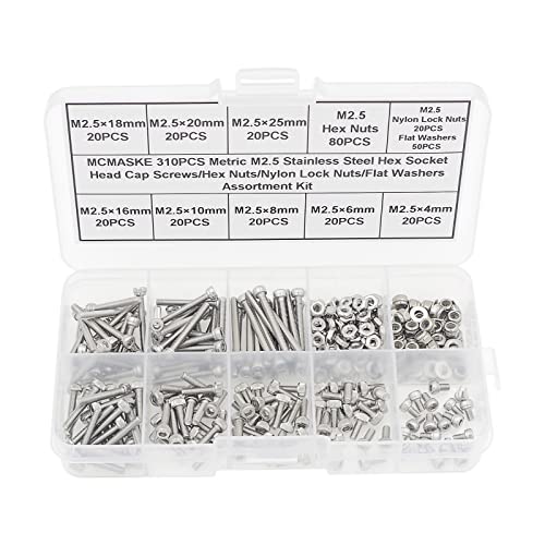 Metric M2.5 Stainless Steel Socket Head Cap Screws Hex Nuts/Nylon-lnsert locknuts/Flat Washers Assortment Kit - size: M2.5