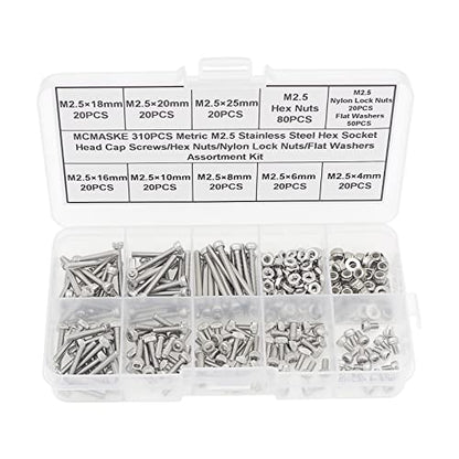 Metric M2.5 Stainless Steel Socket Head Cap Screws Hex Nuts/Nylon-lnsert locknuts/Flat Washers Assortment Kit - size: M2.5