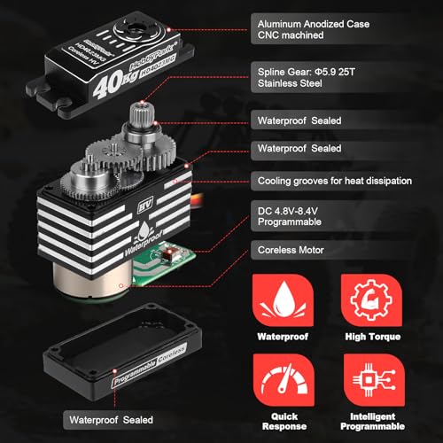 HobbyPark Waterproof 40kg Digital High Torque RC Servos Coreless Motor RC Steering Servo Standard Size Full Metal Stainless Steel Gears Aluminum Case for 1/8 1/10 RC Car Truck Robotic Project 180° HV