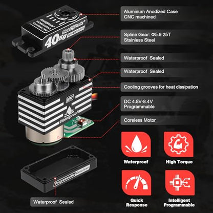 HobbyPark Waterproof 40kg Digital High Torque RC Servos Coreless Motor RC Steering Servo Standard Size Full Metal Stainless Steel Gears Aluminum Case for 1/8 1/10 RC Car Truck Robotic Project 180° HV