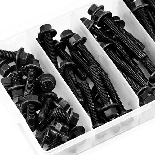 Flanged Hex Head Bolts and Nuts Kit, Black Alloy Steel Grade 10.9, 112 Pieces, M6 x 1mm, Black Oxide Finish - color: 112PCS M6 Bolts and Nuts Kit