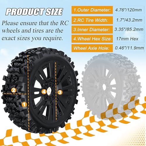 1/8 Scale RC Buggy Tires 17mm Hex RC Wheels and Tires PreGlued 17mm Hex 1/8 RC Buggy Tires and Wheels with Foam Inserts, for Arrma Typhon 6S 3S Talion 6S, Team Losi 8IGHT, HPI 4PCS - color: Black With Rc Wrench