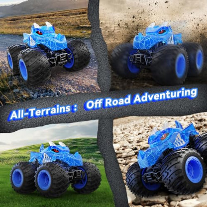 AUUGUU Remote Control Car, 2.4GHz Monster Trucks Toys with Light Spray, Birthday Gift for Kids 3 4 5 6 7 8, All Terrain RC Cars, Toddler Toys for Boys Girls 3+ Year Old - style: Dinosaur-blue