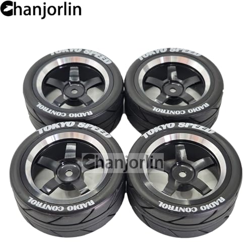 1/10 On Road Racing Tires and 5-Spoke Aluminum Wheels 12mm Hex OD 2.56" RC Touring Tyres for 1:10 Rally Street Drift Car Tamiya TT01 TT02 XV01 A959 PTG2 KYOSHO HSP Traxxas 4PCS (Black) - color: Black