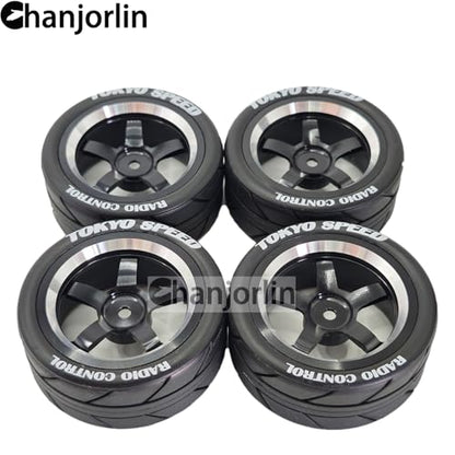 1/10 On Road Racing Tires and 5-Spoke Aluminum Wheels 12mm Hex OD 2.56" RC Touring Tyres for 1:10 Rally Street Drift Car Tamiya TT01 TT02 XV01 A959 PTG2 KYOSHO HSP Traxxas 4PCS (Black) - color: Black