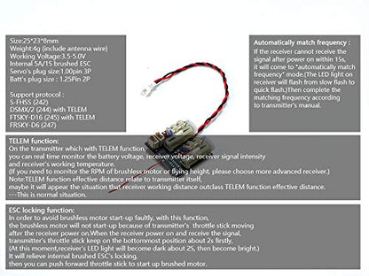 2.4G 4CH/5CH/6CH/7CH Mini Receiver Support DSM2/ DSMX Protocol Built-in Brushed /Brushless ESC Regulator (RX244)