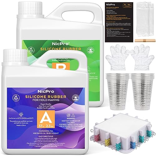 Nicpro 74oz Silicone Mold Making Kit 15A, Platinum Liquid Silicones Rubber | with Molds Housing & Mixing Cups for Mold Maker, Flexible & Food Safe Mix Ratio 1:1 for Casting Resins Jewelry, Craft Molds - size: 74oz