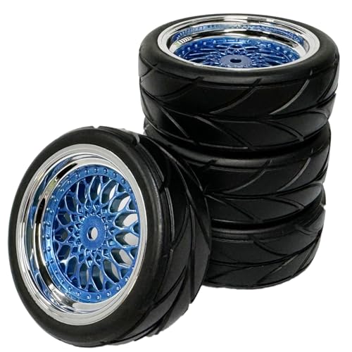 4PCS 64mm RC On Road Rubber Tires and Plastic Plating Wheel Rims Set Replacement Part for 1/10 RC Run-flating Touring Racing Drift Car Tyre(Blue Silver,Offset:9mm) - color: Blue Silver, size: Offset:9mm