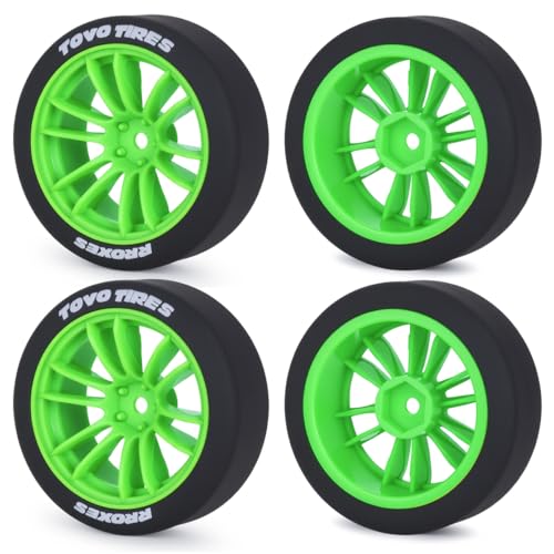 1/10 RC Drift Wheels and Tires Set, 12 Spoke On-Road Touring Car Wheel Tire Combo, 12mm Hex Drift Tires for RC Drift Car, 4PCS (Green) - color: Green