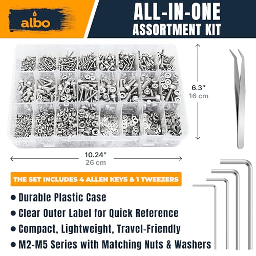 ALBO 2000 Pcs M2-M5 Socket Head Cap Screw Kit, 304 Stainless Steel | Matching Nuts, Washers, Allen Keys and Tweezers Included, Everything You Need in One Kit