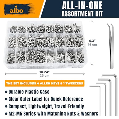 ALBO 2000 Pcs M2-M5 Socket Head Cap Screw Kit, 304 Stainless Steel | Matching Nuts, Washers, Allen Keys and Tweezers Included, Everything You Need in One Kit