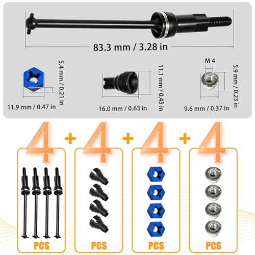 Hardened Steel CVD Driveshaft Front Rear with Hexs, Nuts, Drive Center Cup, Drivershaft Dogbone CVD Compatible with ARRMA 1/18 Mojave Granite GROM ARA2102, Replace #ARA311198 (Black,Blue) - color: Black-blue