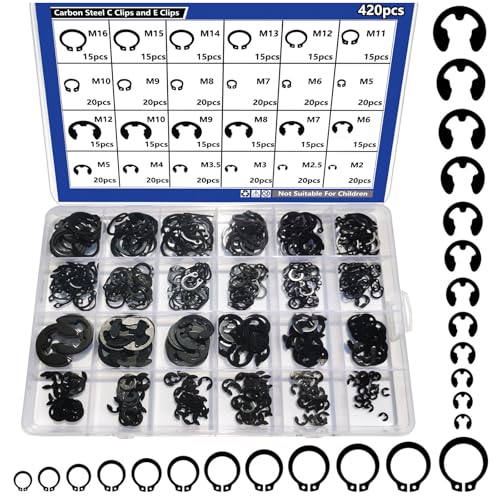 420‑Piece 2.0 mm–12 mm External Retaining Ring & E/C‑Clip Set – Carbon Steel Circlip Assortment Kit