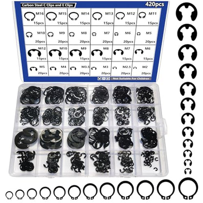 420‑Piece 2.0 mm–12 mm External Retaining Ring & E/C‑Clip Set – Carbon Steel Circlip Assortment Kit