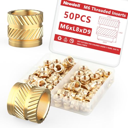 Newdeli 50pcs M6 Heat Set Inserts M6x8x9 Threaded Inserts for Plastic and 3D Printing Components Brass Metric Knurled Nuts Kit - size: M6x8x9 (50 pieces)
