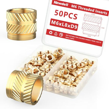 Newdeli 50pcs M6 Heat Set Inserts M6x8x9 Threaded Inserts for Plastic and 3D Printing Components Brass Metric Knurled Nuts Kit - size: M6x8x9 (50 pieces)