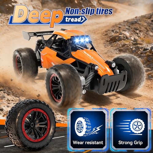 Jiakora RC Monster Truck with Sturdy Metal Body, High Speed Off-Road RC Crawler with Bright LED Headlights, All-Terrain Racing RC Car Toys, Christmas Birthday Gifts for 6-12 Year Old Boys Girls Kids - color: Orange