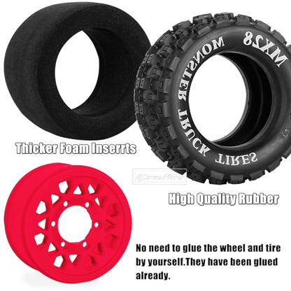 RC Wheels and Tires for 1/10 RC Scale Car,Rustler Stampede Hoss,Granite Vorteks Big Rock 3S,MX28 2.8" Truck Tires and Wheels w/ 12mm/14mm Hex,4pcs,Red - color: Red(4pcs)