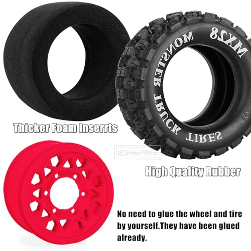 RC Wheels and Tires for 1/10 RC Scale Car,Rustler Stampede Hoss,Granite Vorteks Big Rock 3S,MX28 2.8" Truck Tires and Wheels w/ 12mm/14mm Hex,4pcs,Red - color: Red(4pcs)